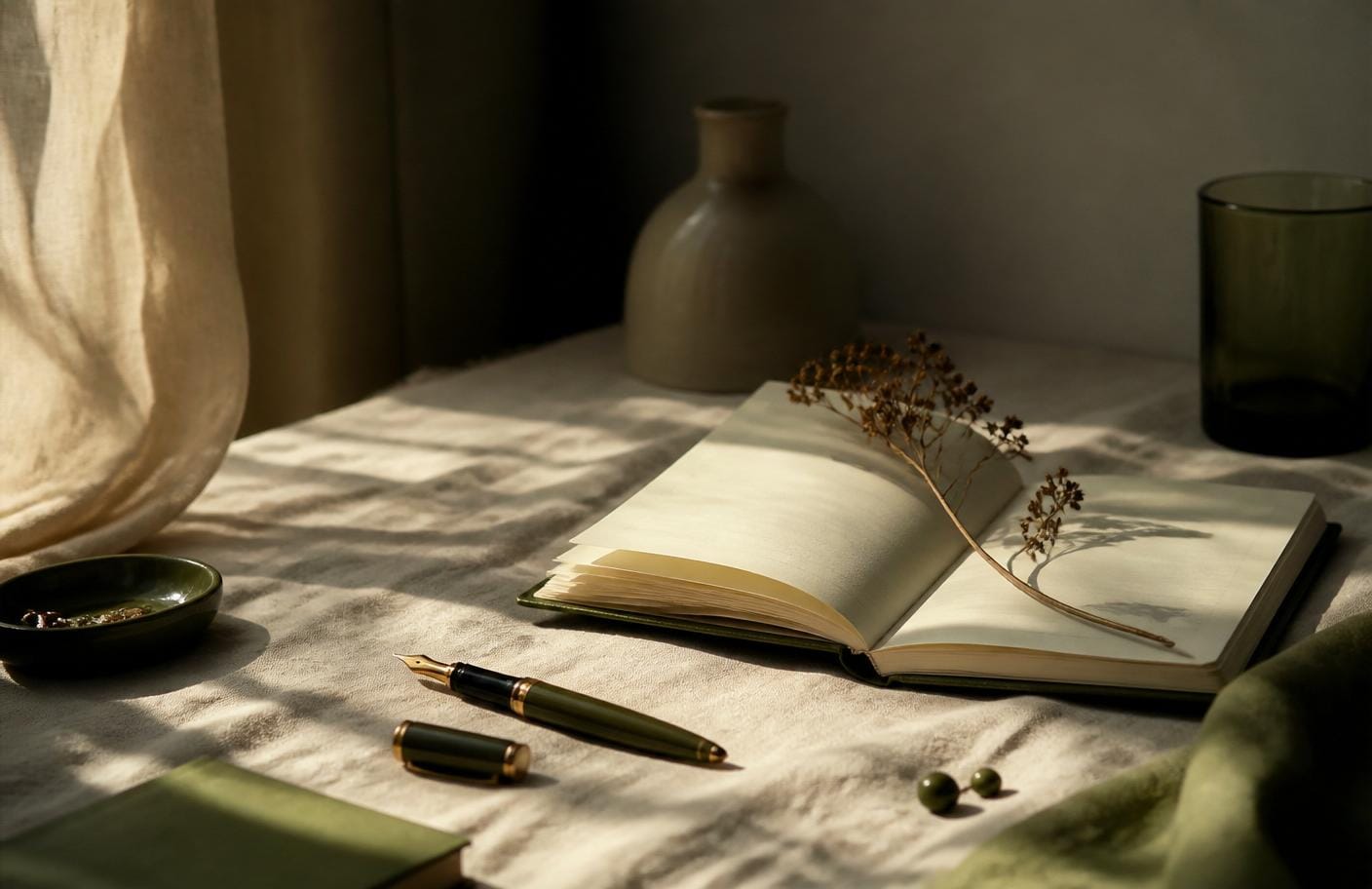 Desk with an open notebook and a pen