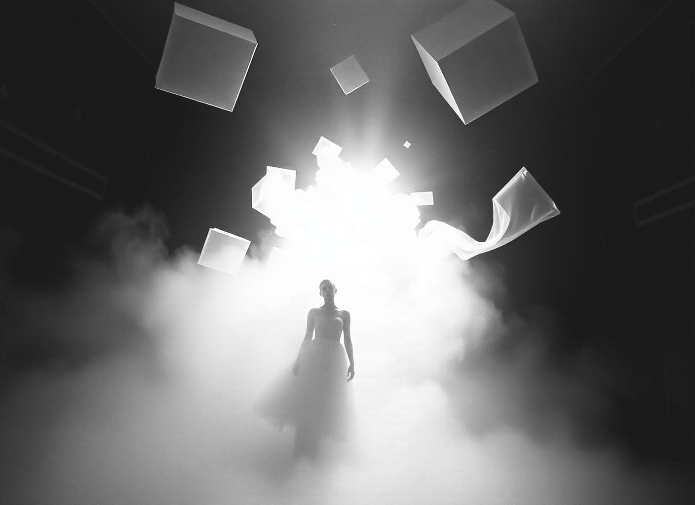 Figure among mist and suspended geometric shapes