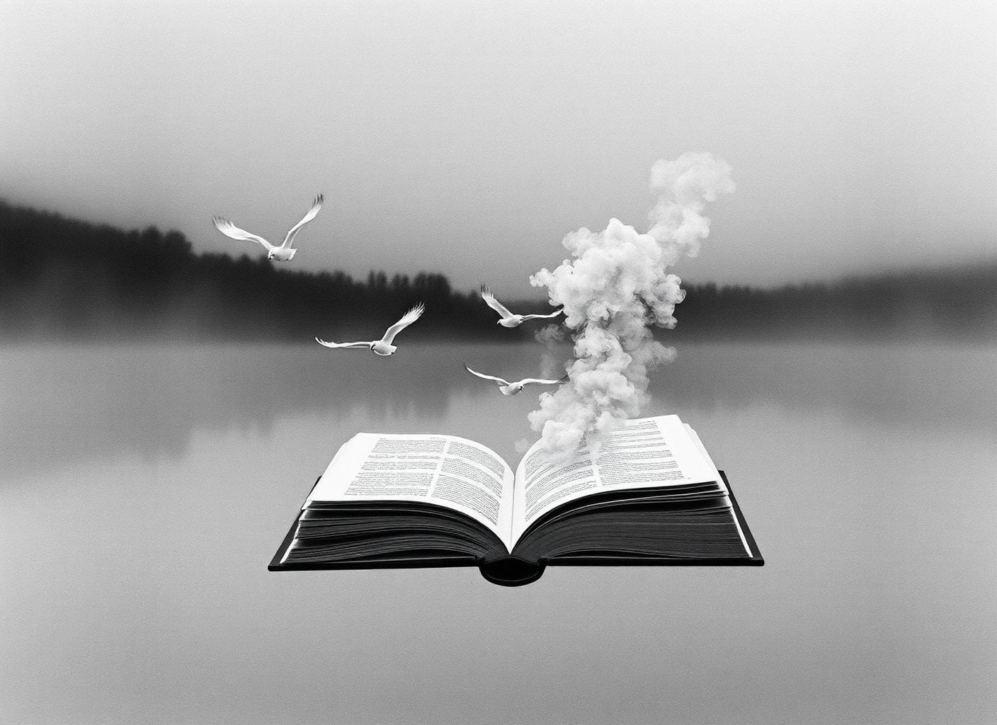 Open book over a lake with birds and mist