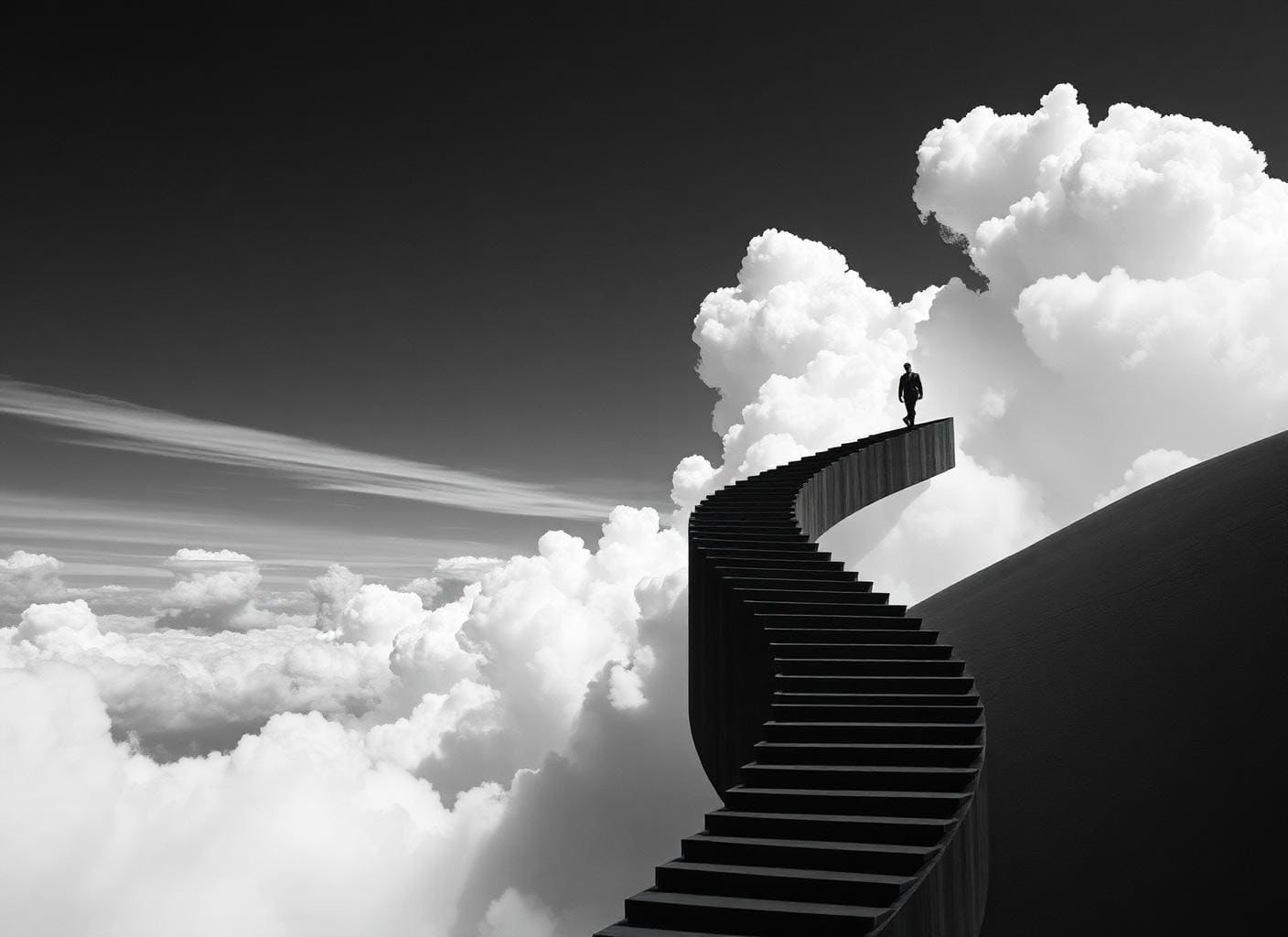 Escadaria surreal ascendendo entre nuvens